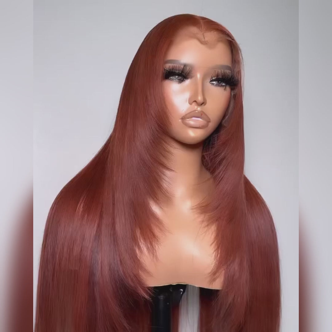 Layered Straight 13x4/4x4 Reddish Brown Lace Frontal Wig HD Transparent Human Hair Wigs Auburn Colored 33# Wig-Geeta Hair