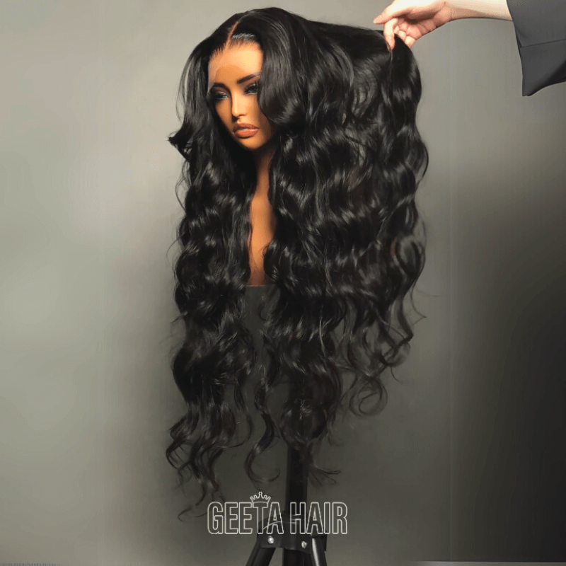 Volle 250 % Dichte, lockere, gewellte Echthaarperücken, 13 x 4 Zoll, Ozeanwellen-Spitzenfrontperücken mit Vorhangpony – Geeta Hair 