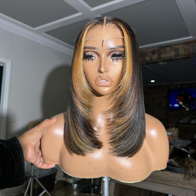 Tax Return Sale Layer Cut Glueless Wigs Ombre Highlight Straight Bob Human Hair Wigs 13x4 Lace Front Wigs - GeetaHair