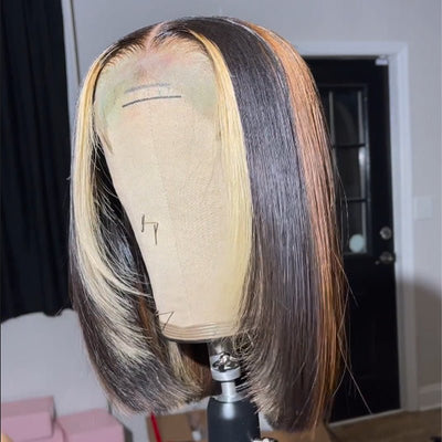 Layered Cut Wigs Straight Bob Human Hair Wigs Blonde With Brown Short Bob Lace Front Wig - GeetaHair