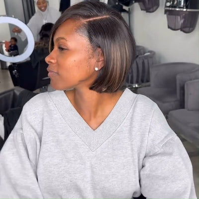 Geeta Brown Highlight Side Part Short Bob Wig Glueless Straight Lace Front Human Hair Wigs Pre Plucked - GeetaHair