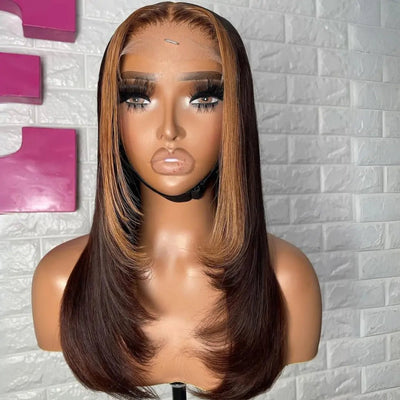 Layer Cut Wigs Brown With Blonde Short Bob Wig Layered Straight1 3X4 Lace Front Human Hair Wigs 180% Density - GeetaHair