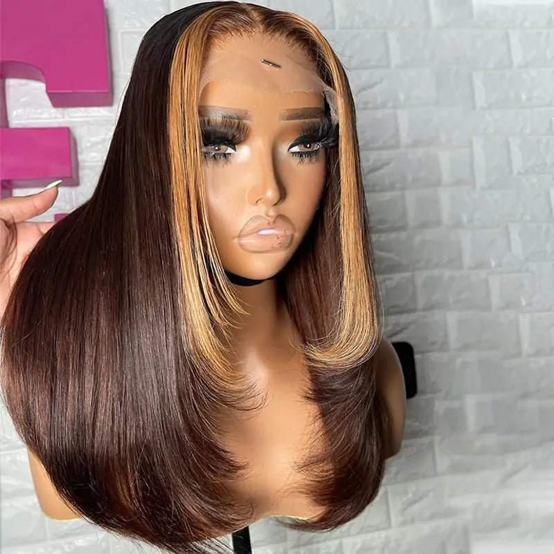 Layer Cut Wigs Brown With Blonde Short Bob Wig Layered Straight1 3X4 Lace Front Human Hair Wigs 180% Density - GeetaHair