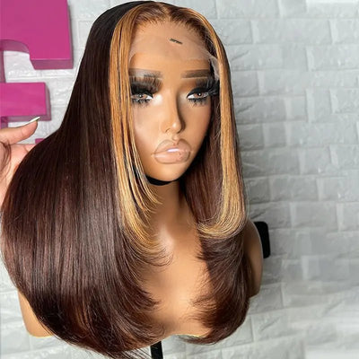 Layer Cut Wigs Brown With Blonde Short Bob Wig Layered Straight1 3X4 Lace Front Human Hair Wigs 180% Density - GeetaHair