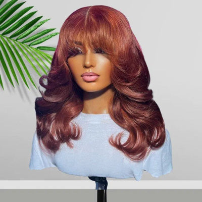 Body Wave Copper 13x4 Lace Front Bombshell Curls Light Layers Wispy Curtain Bangs Color Human Hair Bob Wigs - Geeta Hair - GeetaHair