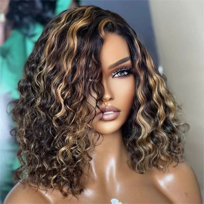 Highlight Honey Blonde Deep Curly 13x4 Lace Front Bob Wig Glueless 4x4 Lace Human Hair Wig - Geeta Hair - GeetaHair