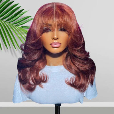 Body Wave Copper 13x4 Lace Front Bombshell Curls Light Layers Wispy Curtain Bangs Color Human Hair Bob Wigs - Geeta Hair - GeetaHair