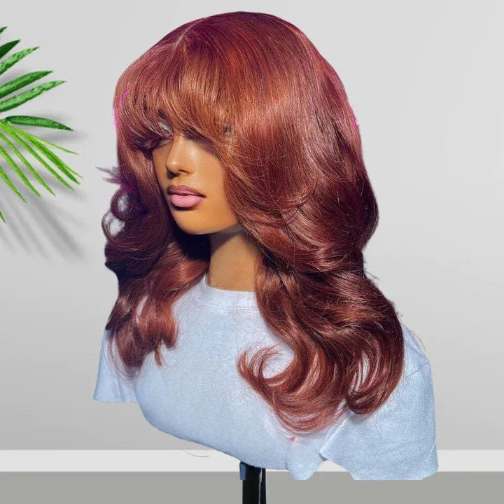 Body Wave Copper 13x4 Lace Front Bombshell Curls Light Layers Wispy Curtain Bangs Color Human Hair Bob Wigs - Geeta Hair - GeetaHair