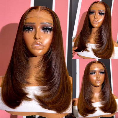 Chocolate Brown Short Bob Wig Layered Straight Human Hair Wigs 13X4 Lace Wigs For Black Women 180% Density Human Hair Lace Frontal Wigs - GeetaHair