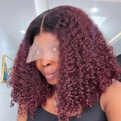1B/99J Short Curly Bob Lace Front Wigs 13x4 Burgundy Lace Frontal Wigs Wine Red Glueless Pre Plucked - GeetaHair