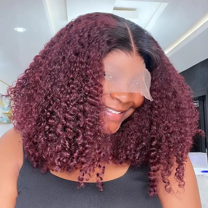1B/99J Short Curly Bob Lace Front Wigs 13x4 Burgundy Lace Frontal Wigs Wine Red Glueless Pre Plucked - GeetaHair