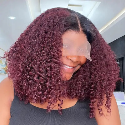 1B/99J Short Curly Bob Lace Front Wigs 13x4 Burgundy Lace Frontal Wigs Wine Red Glueless Pre Plucked - GeetaHair