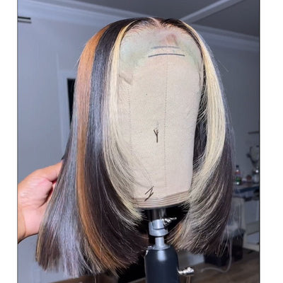 Layered Cut Wigs Straight Bob Human Hair Wigs Blonde With Brown Short Bob Lace Front Wig - GeetaHair