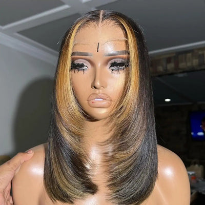 24 Hours Shipping Layer Cut Glueless Wigs Ombre Highlight Straight Bob Human Hair Wigs 13x4 Lace Front Wigs - GeetaHair