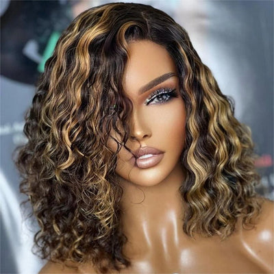 Highlight Honey Blonde Deep Curly 13x4 Lace Front Bob Wig Glueless 4x4 Lace Human Hair Wig - Geeta Hair - GeetaHair