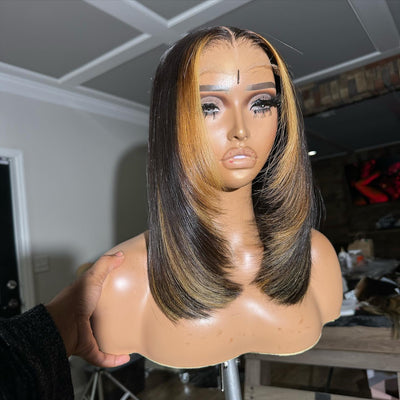 Tax Return Sale Layer Cut Glueless Wigs Ombre Highlight Straight Bob Human Hair Wigs 13x4 Lace Front Wigs - GeetaHair