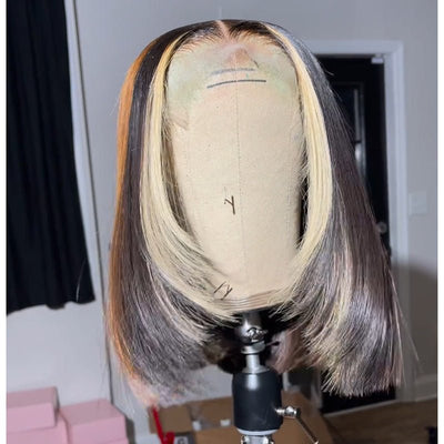 Layered Cut Wigs Straight Bob Human Hair Wigs Blonde With Brown Short Bob Lace Front Wig - GeetaHair