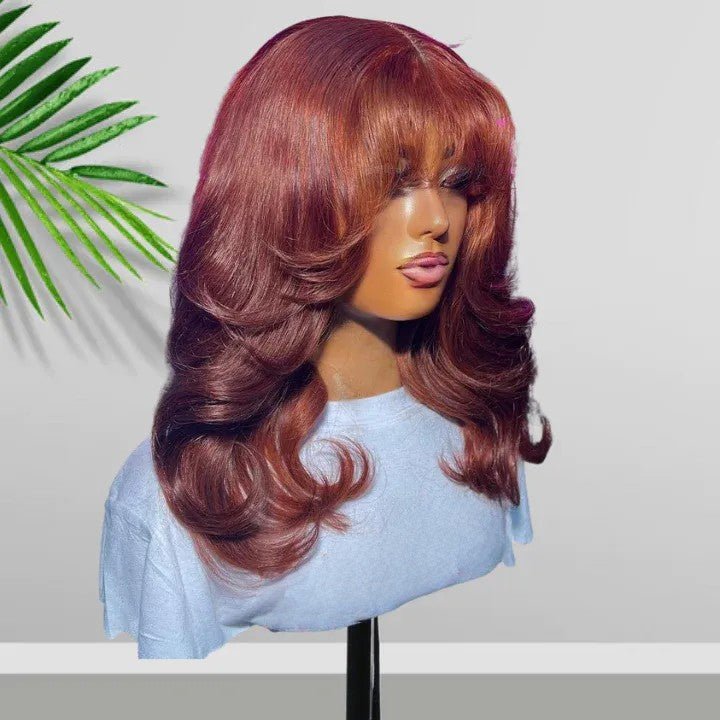 Body Wave Copper 13x4 Lace Front Bombshell Curls Light Layers Wispy Curtain Bangs Color Human Hair Bob Wigs - Geeta Hair - GeetaHair