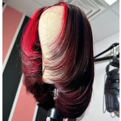 Red Highlight Color Lace Front Human Hair Wigs Layered Cut Straigt 99j Bob Wig Pre Plucked - GeetaHair