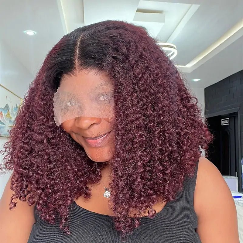 1B/99J Short Curly Bob Lace Front Wigs 13x4 Burgundy Lace Frontal Wigs Wine Red Glueless Pre Plucked - GeetaHair