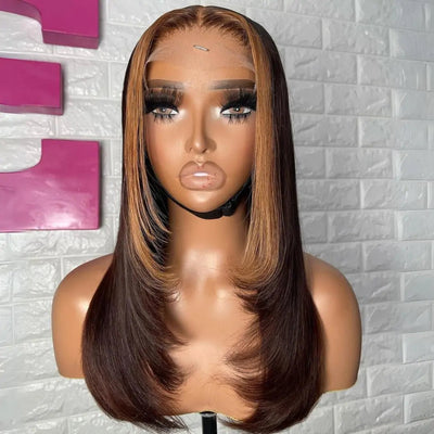 Layer Cut Wigs Brown With Blonde Short Bob Wig Layered Straight1 3X4 Lace Front Human Hair Wigs 180% Density - GeetaHair