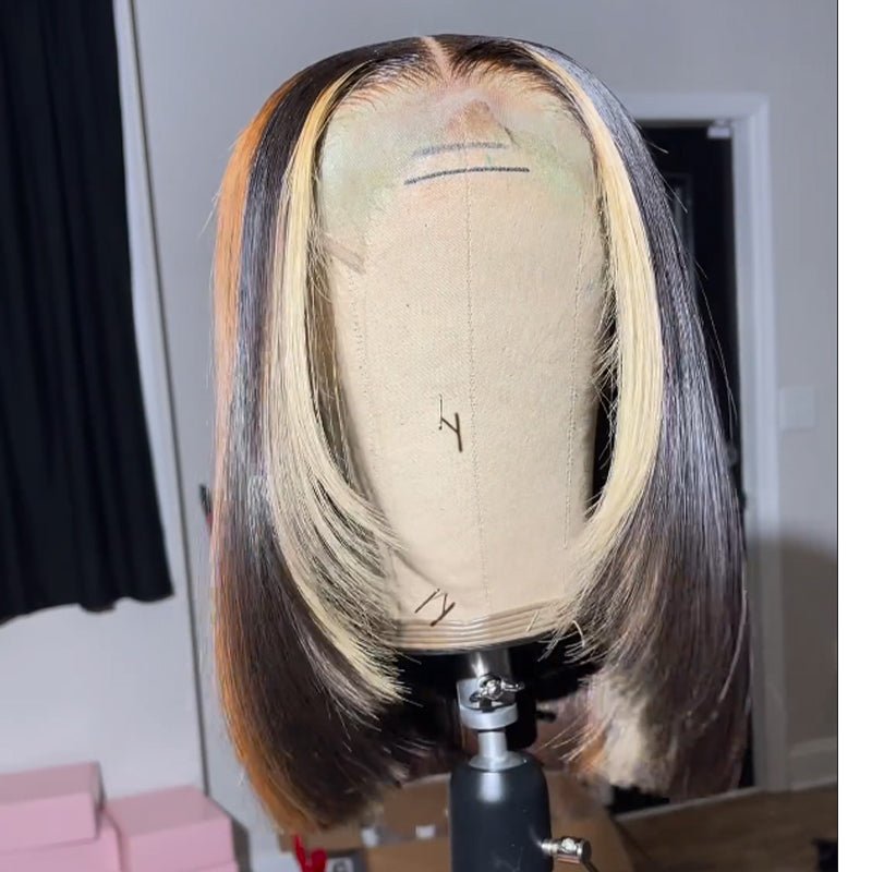 Layered Cut Wigs Straight Bob Human Hair Wigs Blonde With Brown Short Bob Lace Front Wig - GeetaHair