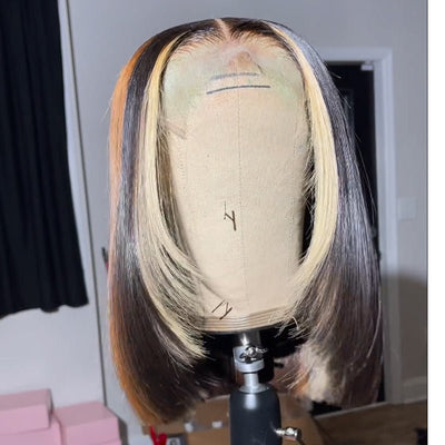 Layered Cut Wigs Straight Bob Human Hair Wigs Blonde With Brown Short Bob Lace Front Wig - GeetaHair