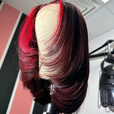 Red Highlight Color Lace Front Human Hair Wigs Layered Cut Straigt 99j Bob Wig Pre Plucked - GeetaHair