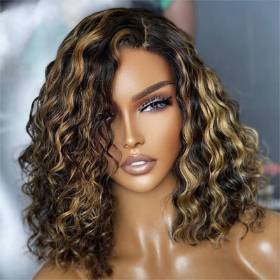 Highlight Honey Blonde Deep Curly 13x4 Lace Front Bob Wig Glueless 4x4 Lace Human Hair Wig - Geeta Hair - GeetaHair
