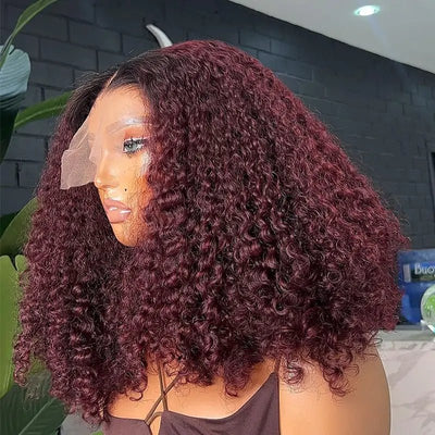 1B/99J Short Curly Bob Lace Front Wigs 13x4 Burgundy Lace Frontal Wigs Wine Red Glueless Pre Plucked - GeetaHair