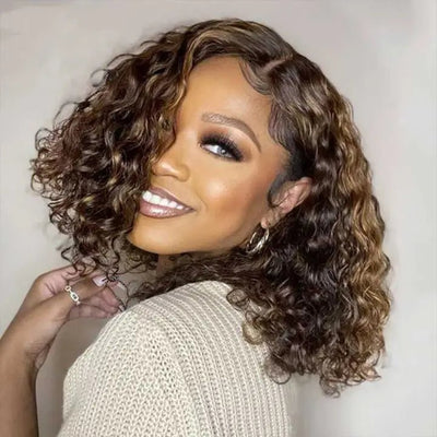 Highlight Honey Blonde Deep Curly 13x4 Lace Front Bob Wig Glueless 4x4 Lace Human Hair Wig - Geeta Hair - GeetaHair