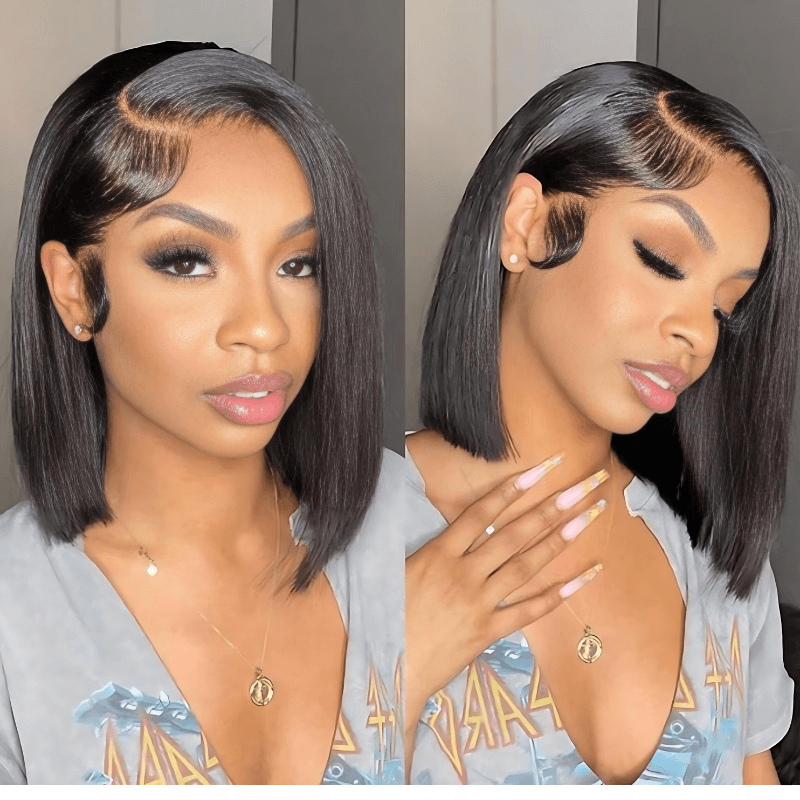 Geeta Brown Highlight Side Part Short Bob Wig Glueless Straight Lace Front Human Hair Wigs Pre Plucked - GeetaHair