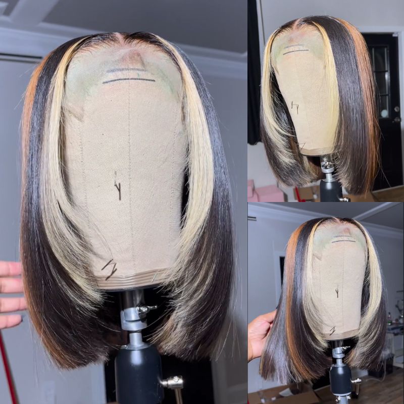 Layered Cut Wigs Straight Bob Human Hair Wigs Blonde With Brown Short Bob Lace Front Wig - GeetaHair