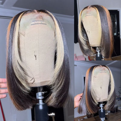 Layered Cut Wigs Straight Bob Human Hair Wigs Blonde With Brown Short Bob Lace Front Wig - GeetaHair