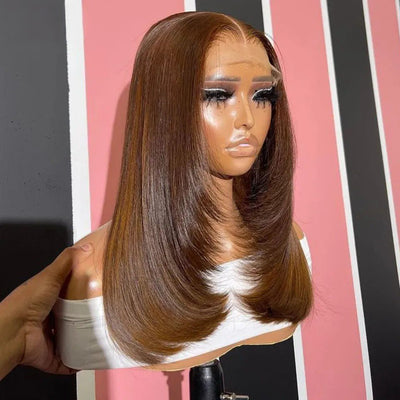 Chocolate Brown Short Bob Wig Layered Straight Human Hair Wigs 13X4 Lace Wigs For Black Women 180% Density Human Hair Lace Frontal Wigs - GeetaHair