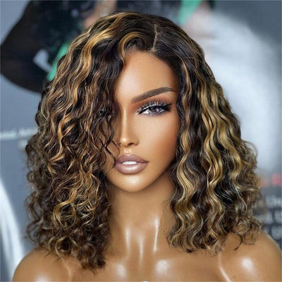 Highlight Honey Blonde Deep Curly 13x4 Lace Front Bob Wig Glueless 4x4 Lace Human Hair Wig - Geeta Hair - GeetaHair