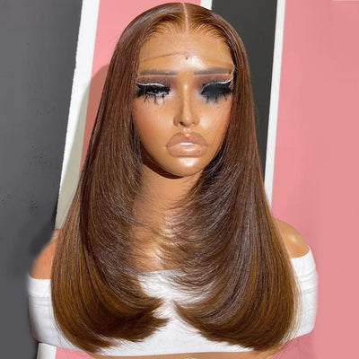 Chocolate Brown Short Bob Wig Layered Straight Human Hair Wigs 13X4 Lace Wigs For Black Women 180% Density Human Hair Lace Frontal Wigs - GeetaHair