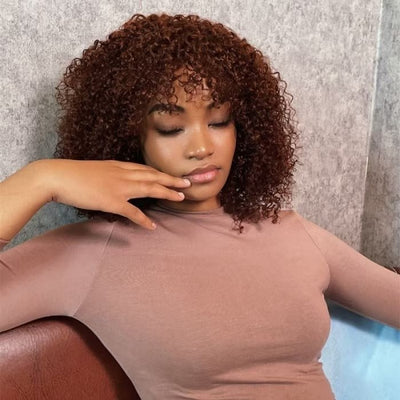 Reddish Brown Curly Bob Wig with Bangs Human Hair Short Human Hair Wigs for Black Women 180% Density - Geeta Hair - GeetaHair
