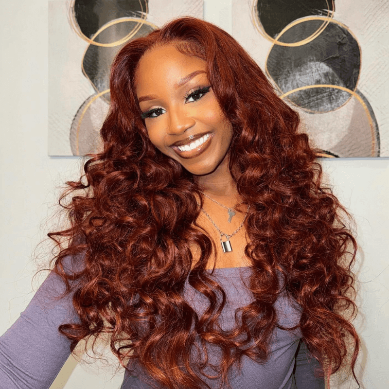 Geeta Reddish Brown Color 3D Body Wave 13x4 Lace Front Wig Put on and Go Invisi Drawstring Wig