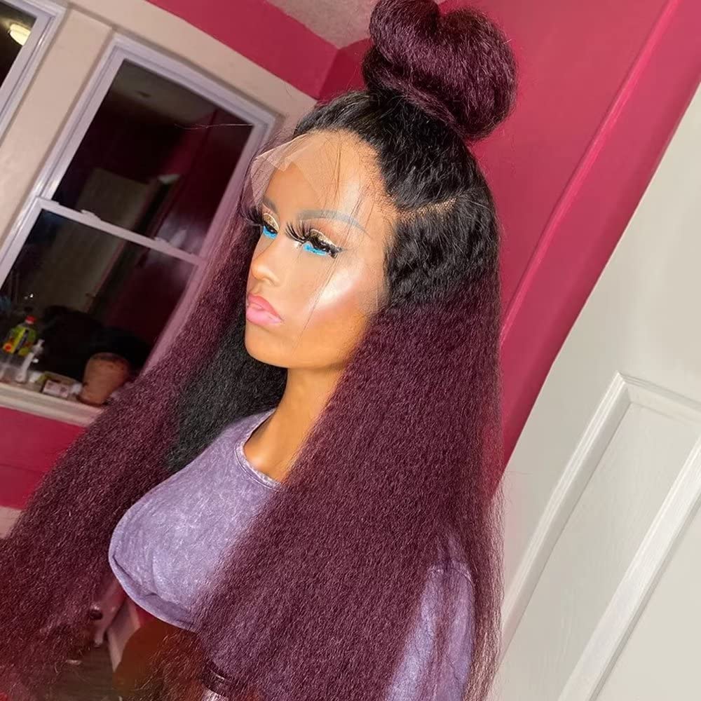 Kinky Straight 1B 99J Burgundy Colored Human Hair For Black Women Yaki Straight Wig HD Transparent Lace Front Wig Pre Plucked - GeetaHair