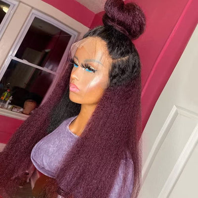 Kinky Straight 1B 99J Burgundy Colored Human Hair For Black Women Yaki Straight Wig HD Transparent Lace Front Wig Pre Plucked - GeetaHair