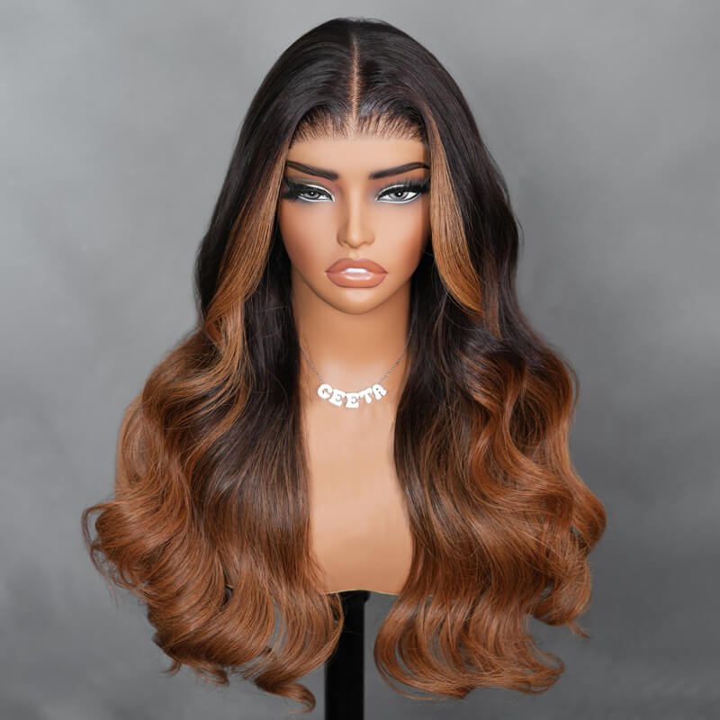 Geeta 7x5 Glueless Lace Body Wave Wig Chestnut Brown Ombre Highlight Color Invisi Drawstring Put on and Go Wig - GeetaHair