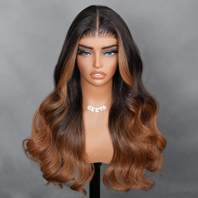 Geeta 7x5 Glueless Lace Body Wave Wig Chestnut Brown Ombre Highlight Color Invisi Drawstring Put on and Go Wig - GeetaHair