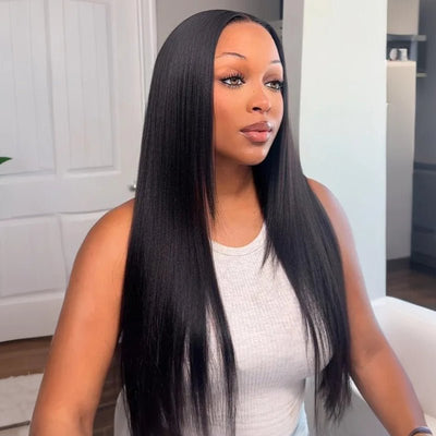 Geeta 13x4 Pre Everything Yaki Straight Lace Frontal Put On And Go Invisi Drawstring Human Hair Wig - GeetaHair