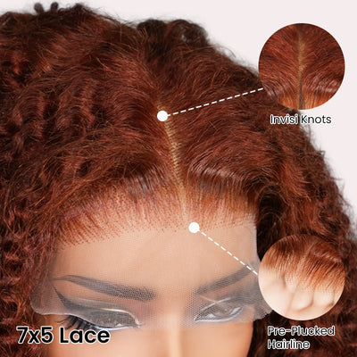 Reddish Brown 7x5 Lace Frontal Glueless Kinky Curly Invisi Drawstring Put On And Go Colored Wig - GeetaHair
