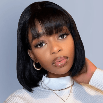 $98=2 Wigs | Geeta 10 Inch Blace Bob Straight Wig With Bangs and Pixie Cut Glueless Wig Bogo Sale - GeetaHair