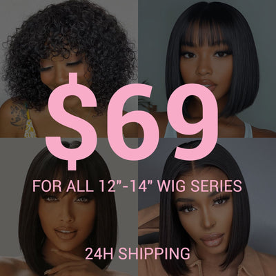 24H Shipping | $69 14 Inches Bob Wig Lace Front Wig / Wigs With Bang Value $109 Human Hair Falsh Sale Subscriber Only - GeetaHair