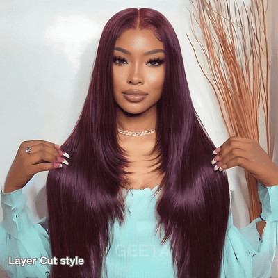 Geeta Straight 7x5 Lace Glueless Wig Burgundy Cherry 99J Color Invisi Drawstring Human Hair Wigs - GeetaHair