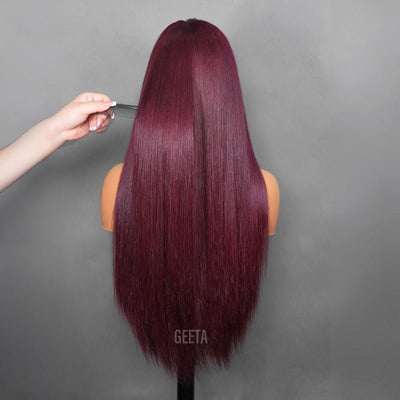 Geeta Straight 7x5 Lace Glueless Wig Burgundy Cherry 99J Color Invisi Drawstring Human Hair Wigs - GeetaHair