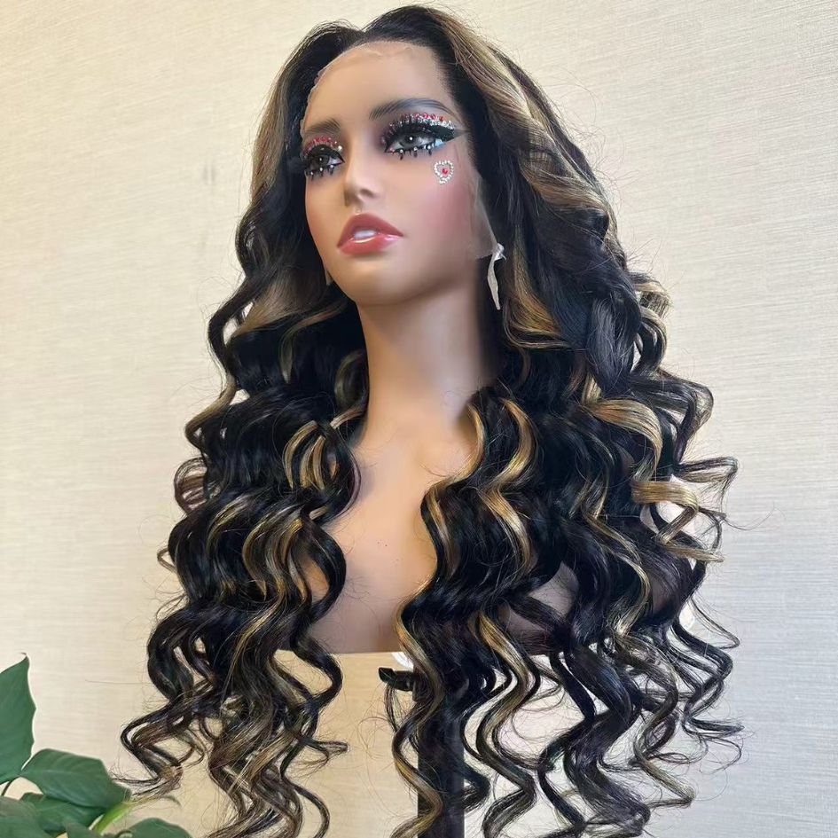 Higligh Blonde Glueless Wigs 13x4 Loose Body Wave Lace Front Curtain Bangs Human Hair Wigs 250% Density - GeetaHair